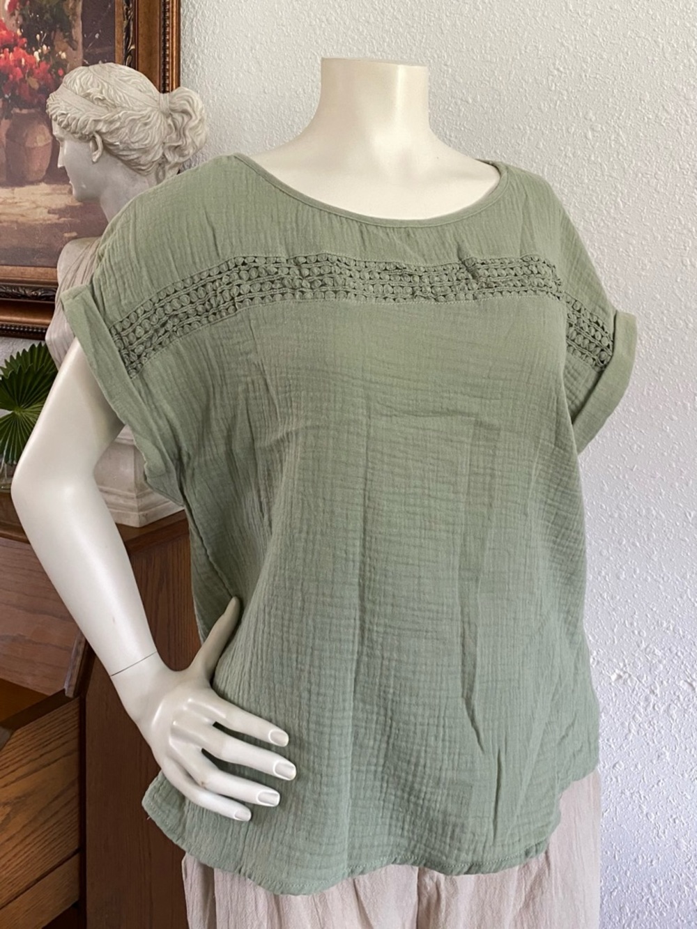 Light Olive Green Crochet-Trim Cotton Top